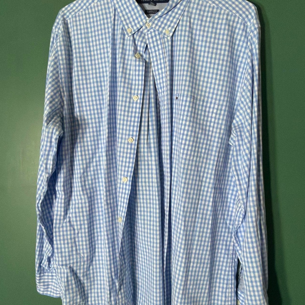 Tommy Hilfiger Vintage Mens XL Blue Gingham Plaid Classic Fit Button Up Shirt